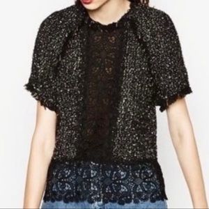 Zara Tweed Short Sleeve Top With Lace Accents, Size S